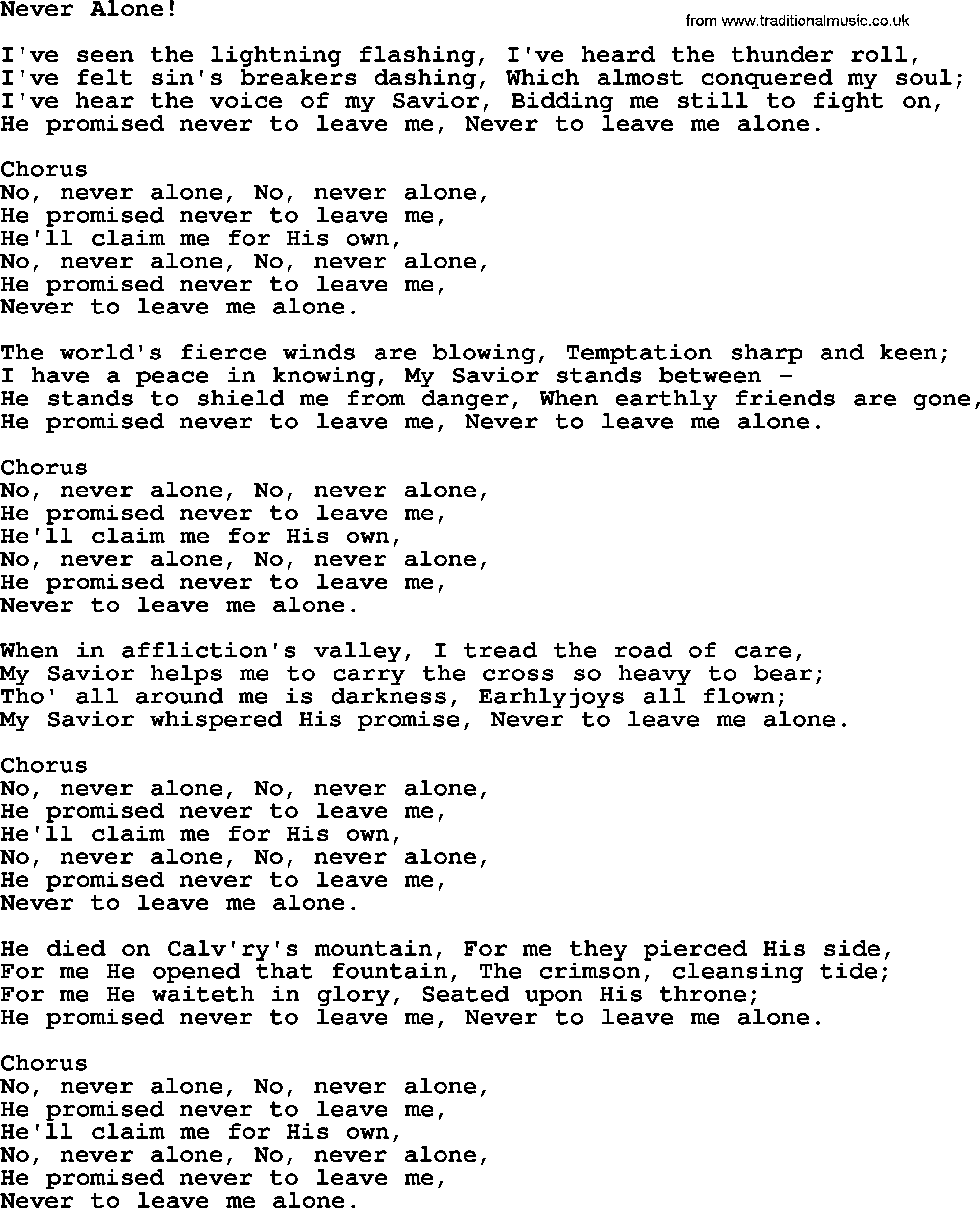 Baptist Hymnal Hymn: Never Alone!, lyrics with pdf
