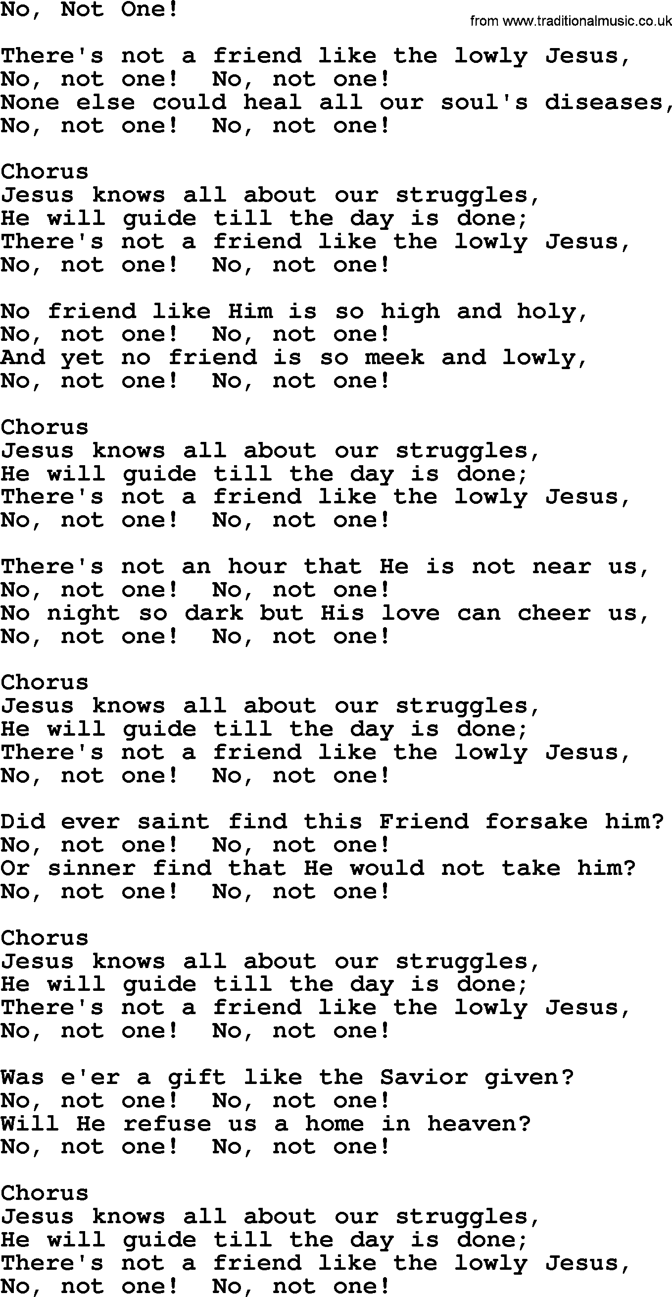 Baptist Hymnal Hymn: No, Not One!, lyrics with pdf