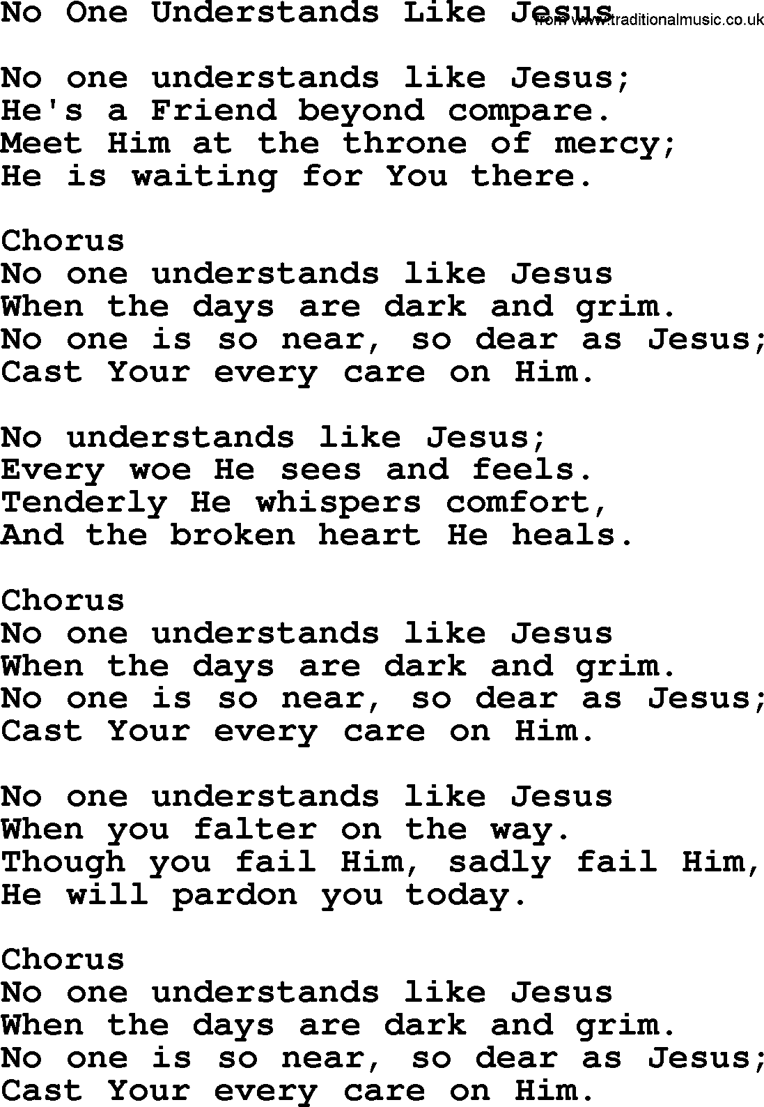 Baptist Hymnal Hymn: No One Understands Like Jesus, lyrics with pdf