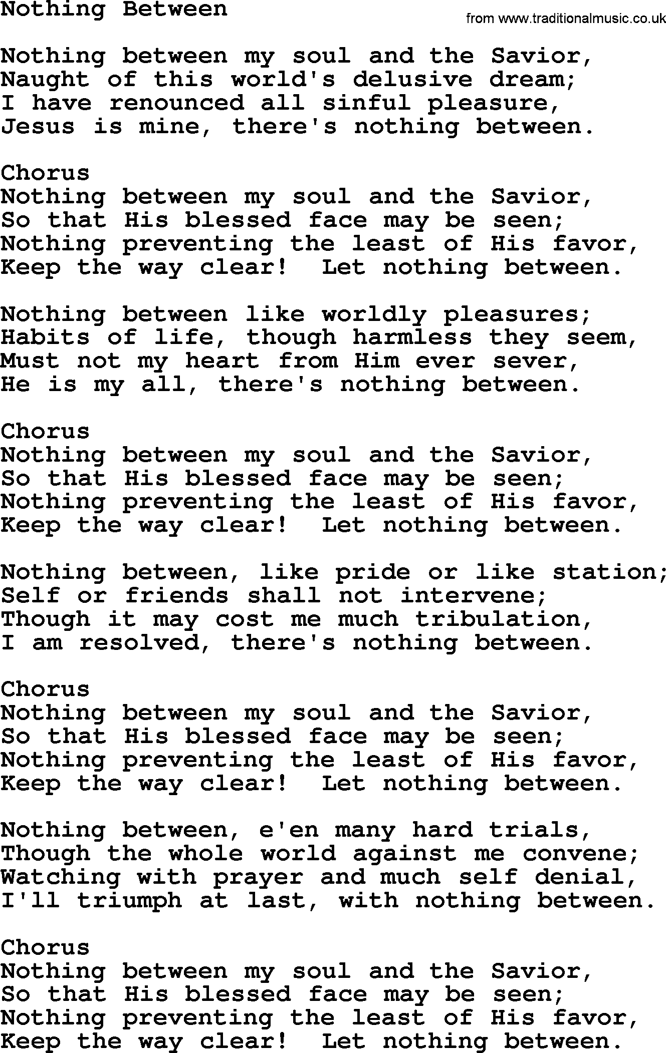 Baptist Hymnal Hymn: Nothing Between, lyrics with pdf