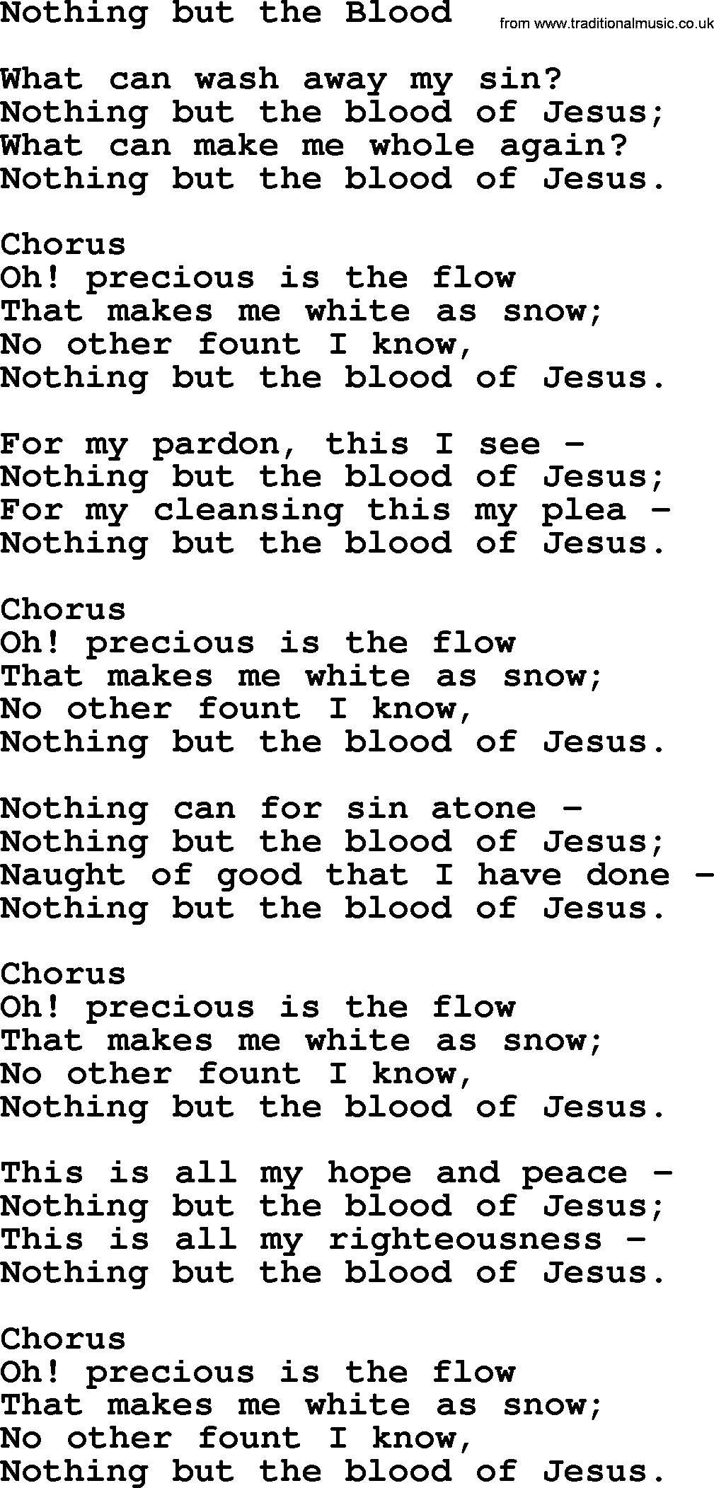 Baptist Hymnal Hymn: Nothing But The Blood, lyrics with pdf