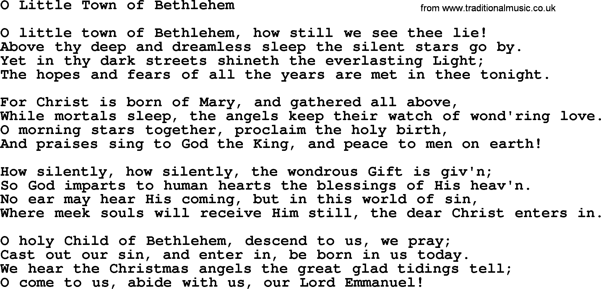 Baptist Hymnal, Christian Song: O Little Town Of Bethlehem- lyrics with PDF for printing