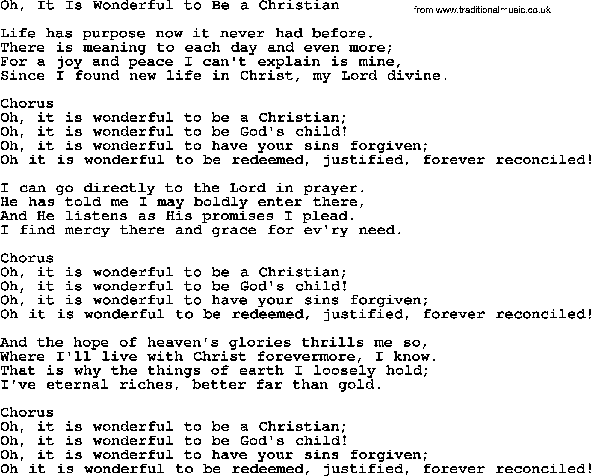 Baptist Hymnal Hymn: Oh, It Is Wonderful To Be A Christian, lyrics with pdf