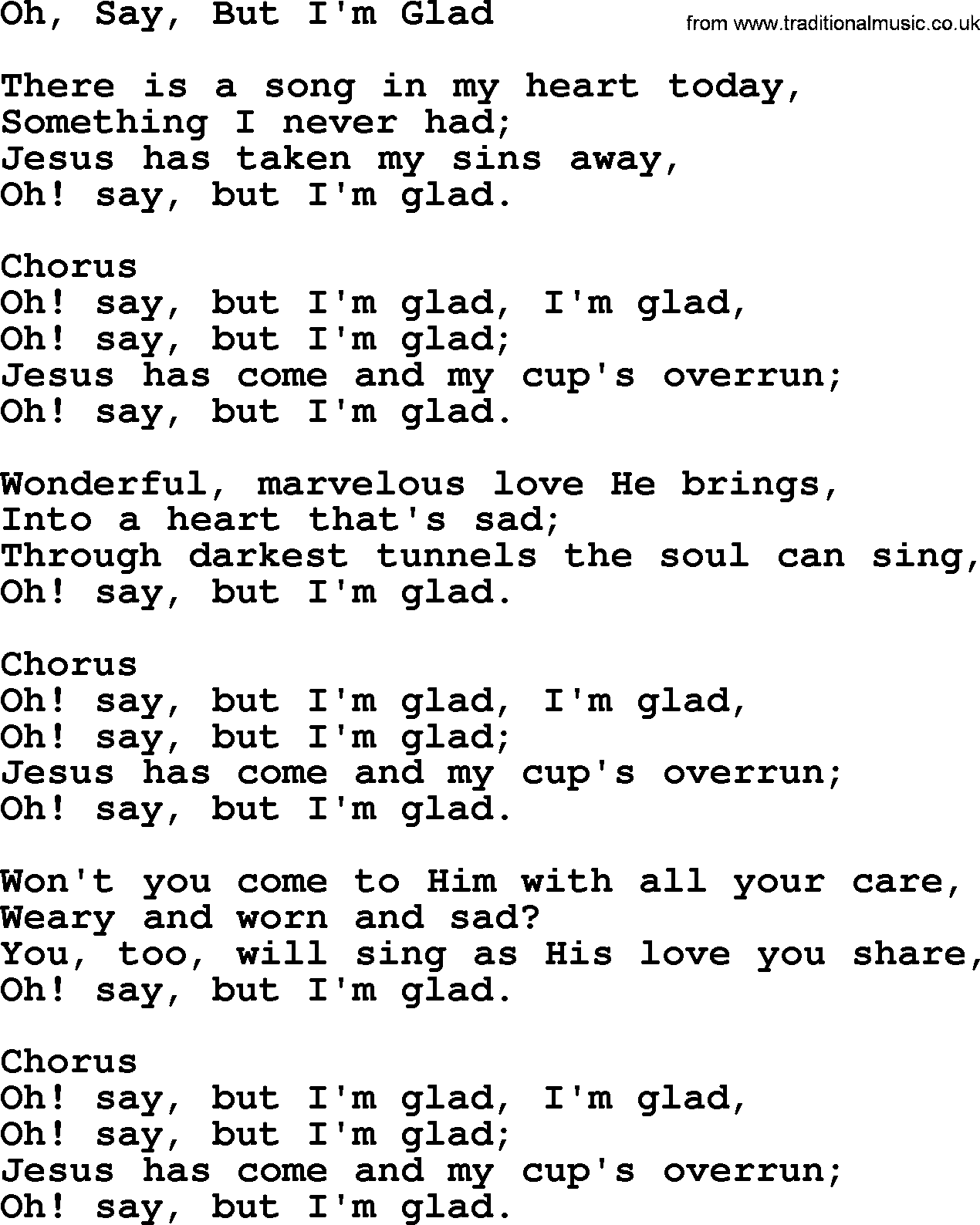 Baptist Hymnal Hymn: Oh, Say, But I'm Glad, lyrics with pdf