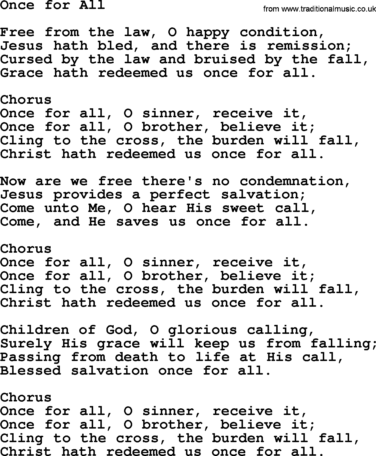Baptist Hymnal Hymn: Once For All, lyrics with pdf