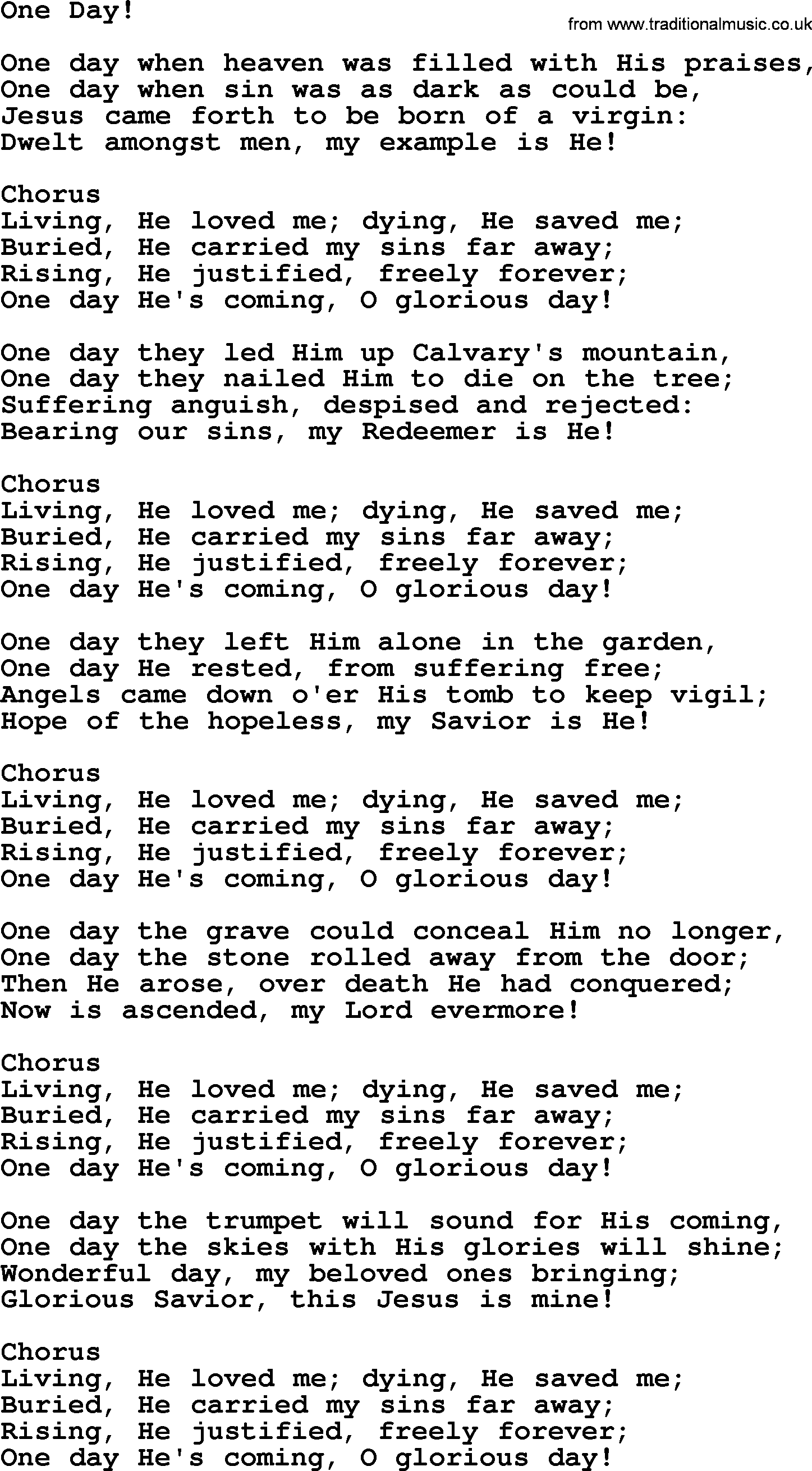 Baptist Hymnal Hymn: One Day!, lyrics with pdf