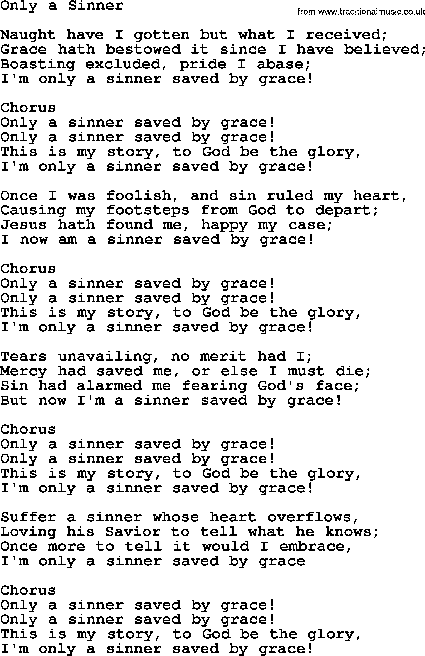 Baptist Hymnal Hymn: Only A Sinner, lyrics with pdf