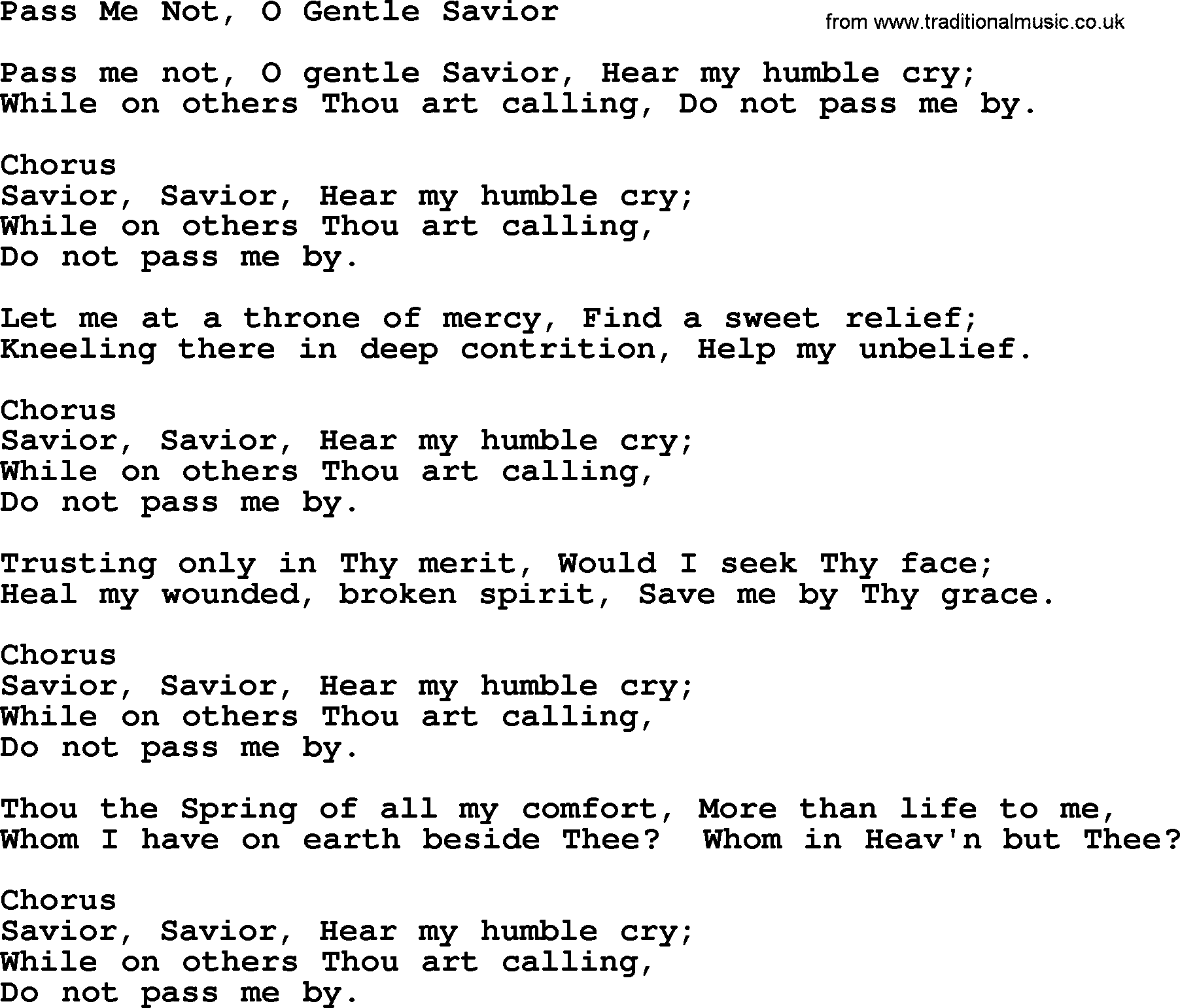 Baptist Hymnal Hymn: Pass Me Not, O Gentle Savior, lyrics with pdf