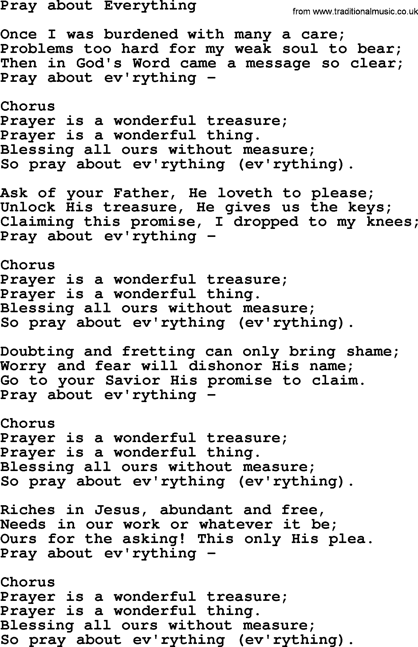 Baptist Hymnal Hymn: Pray About Everything, lyrics with pdf