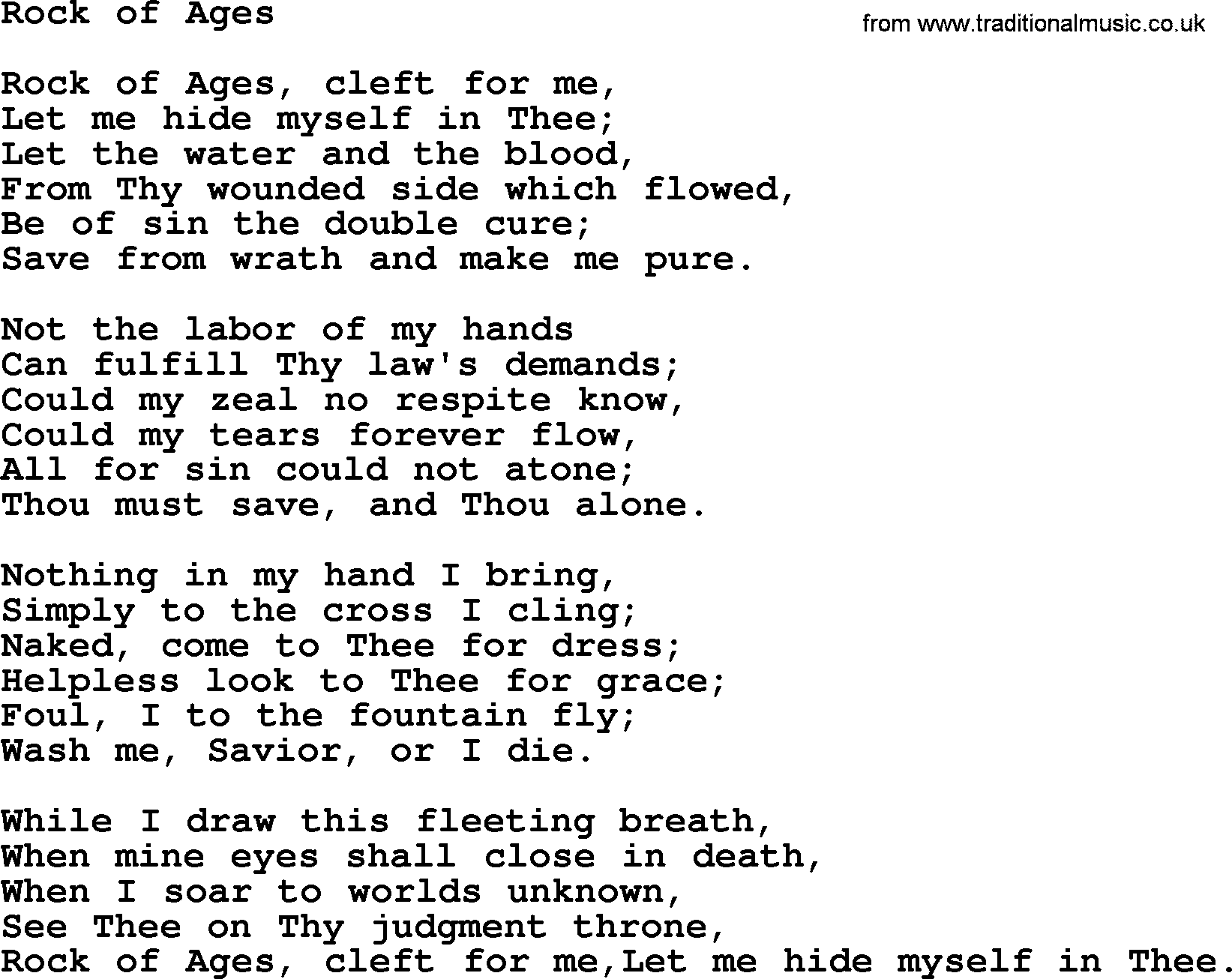 Baptist Hymnal Hymn: Rock Of Ages, lyrics with pdf
