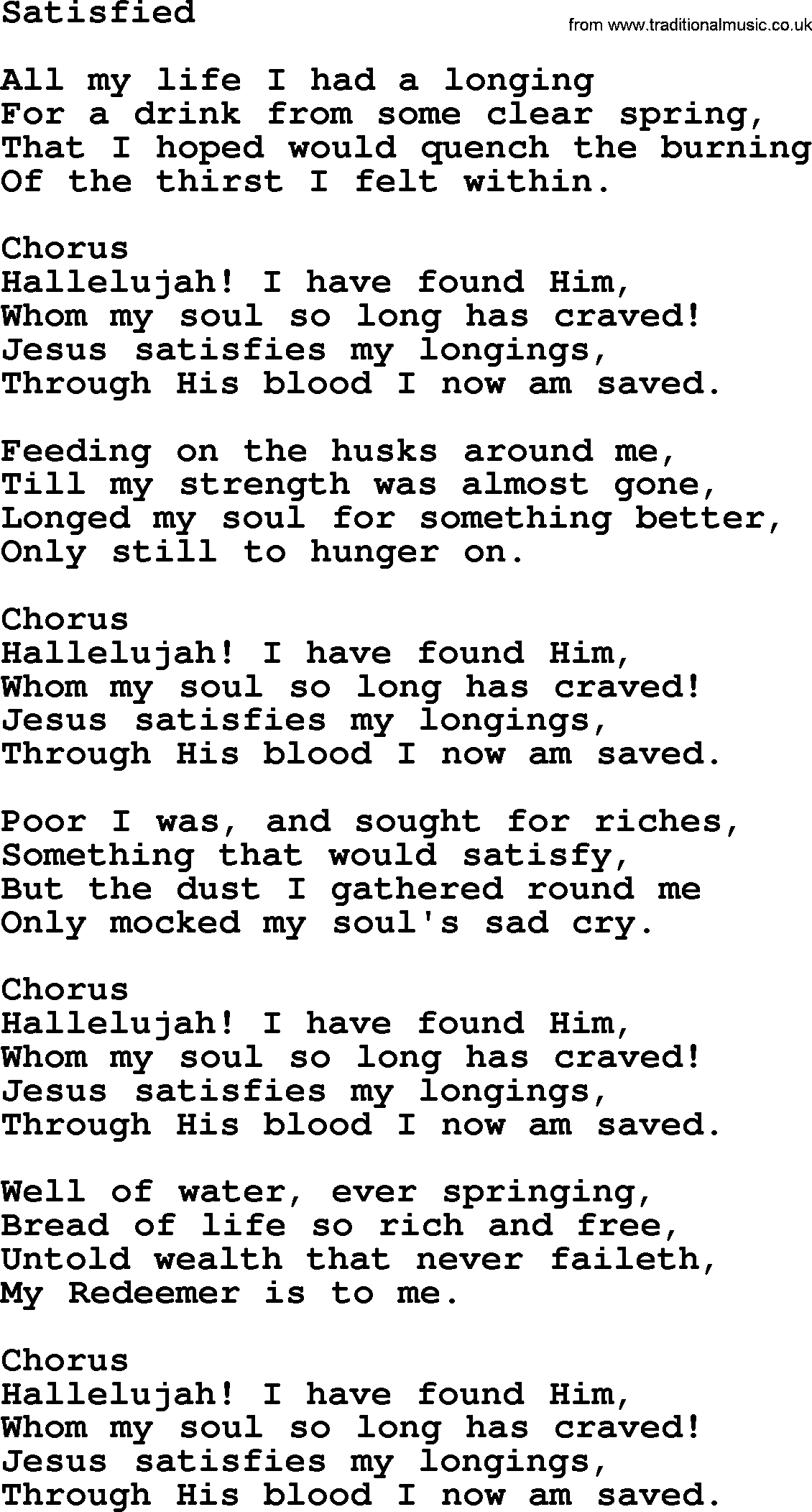 Baptist Hymnal Hymn: Satisfied, lyrics with pdf