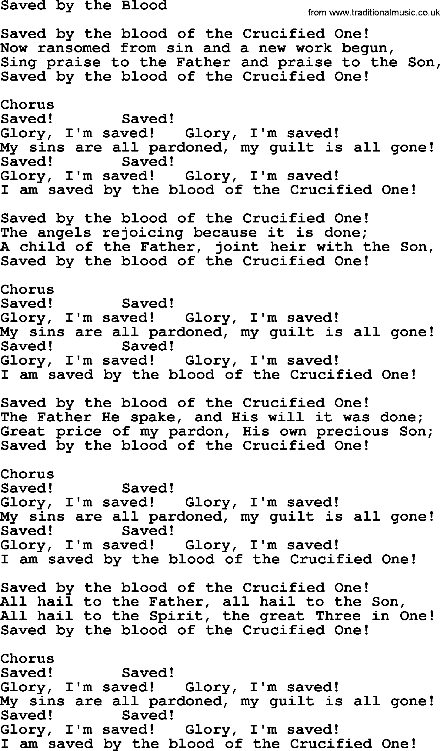Baptist Hymnal Hymn: Saved By The Blood, lyrics with pdf