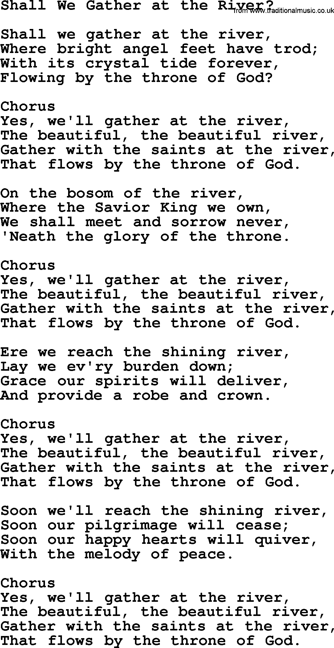 Baptist Hymnal Hymn: Shall We Gather At The River, lyrics with pdf