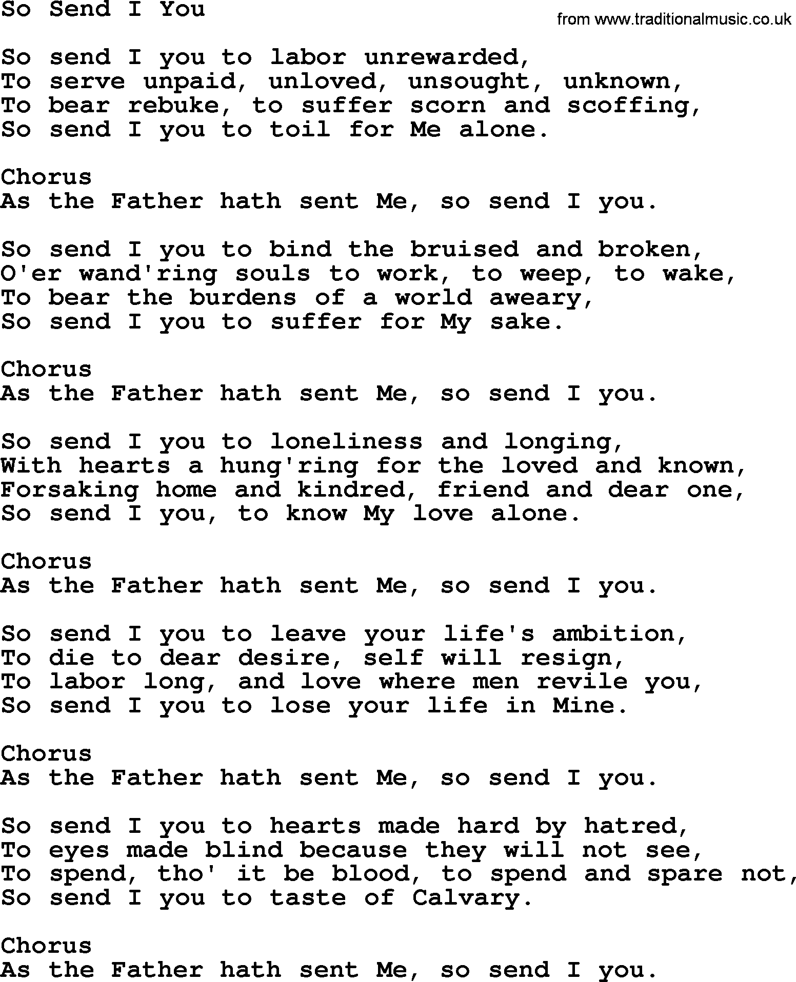 Baptist Hymnal Hymn: So Send I You, lyrics with pdf