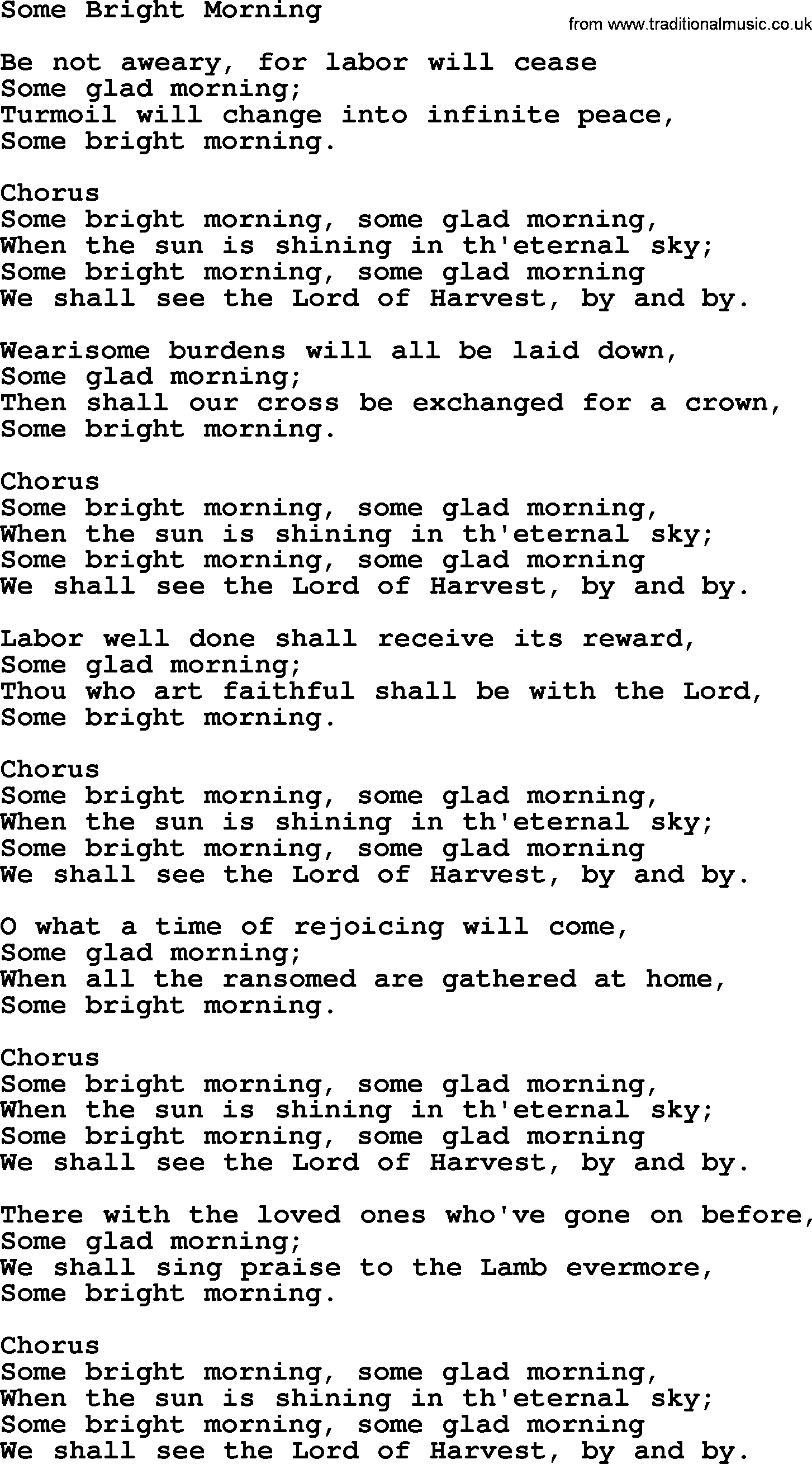 Baptist Hymnal Hymn: Some Bright Morning, lyrics with pdf