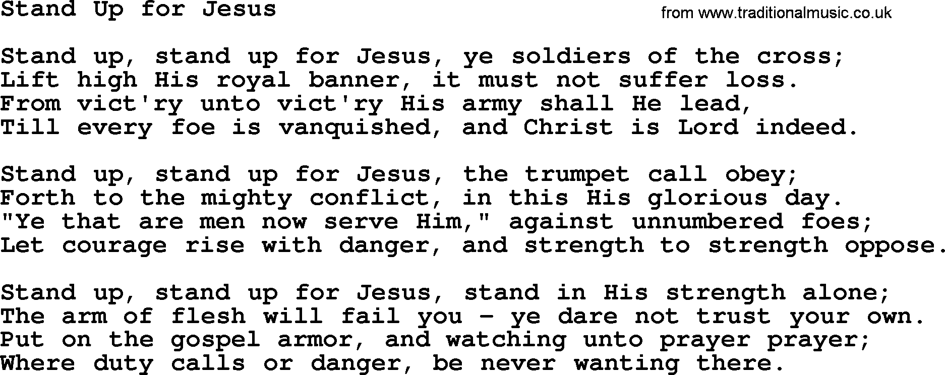 Baptist Hymnal Hymn: Stand Up For Jesus, lyrics with pdf