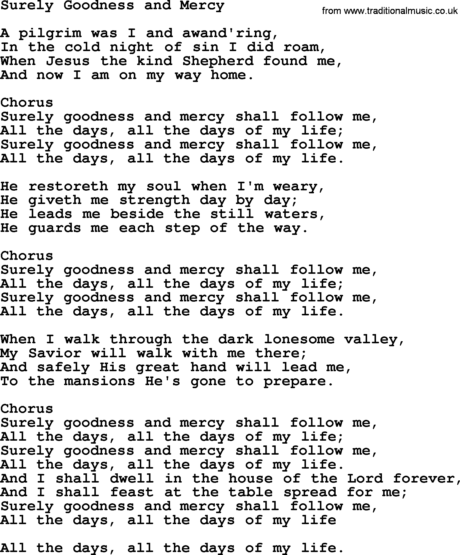 Baptist Hymnal Hymn: Surely Goodness And Mercy, lyrics with pdf