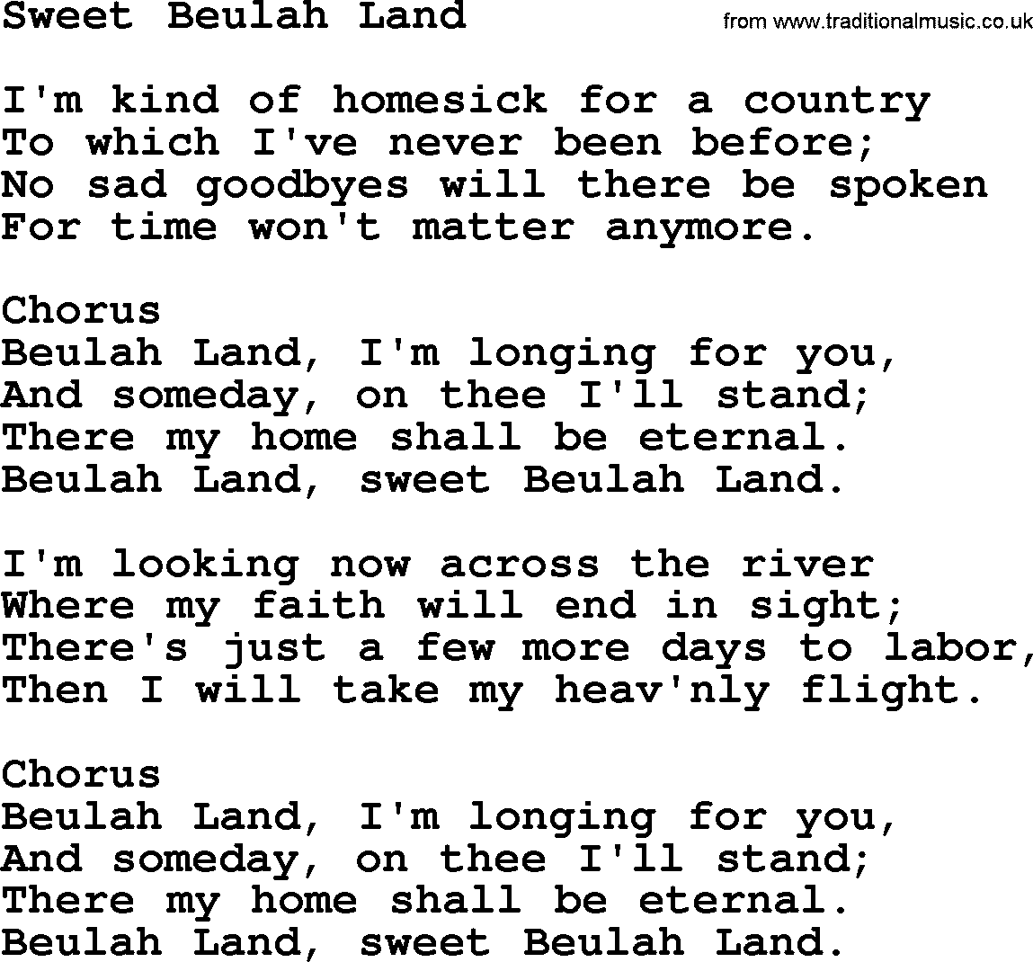 Baptist Hymnal Hymn: Sweet Beulah Land, lyrics with pdf