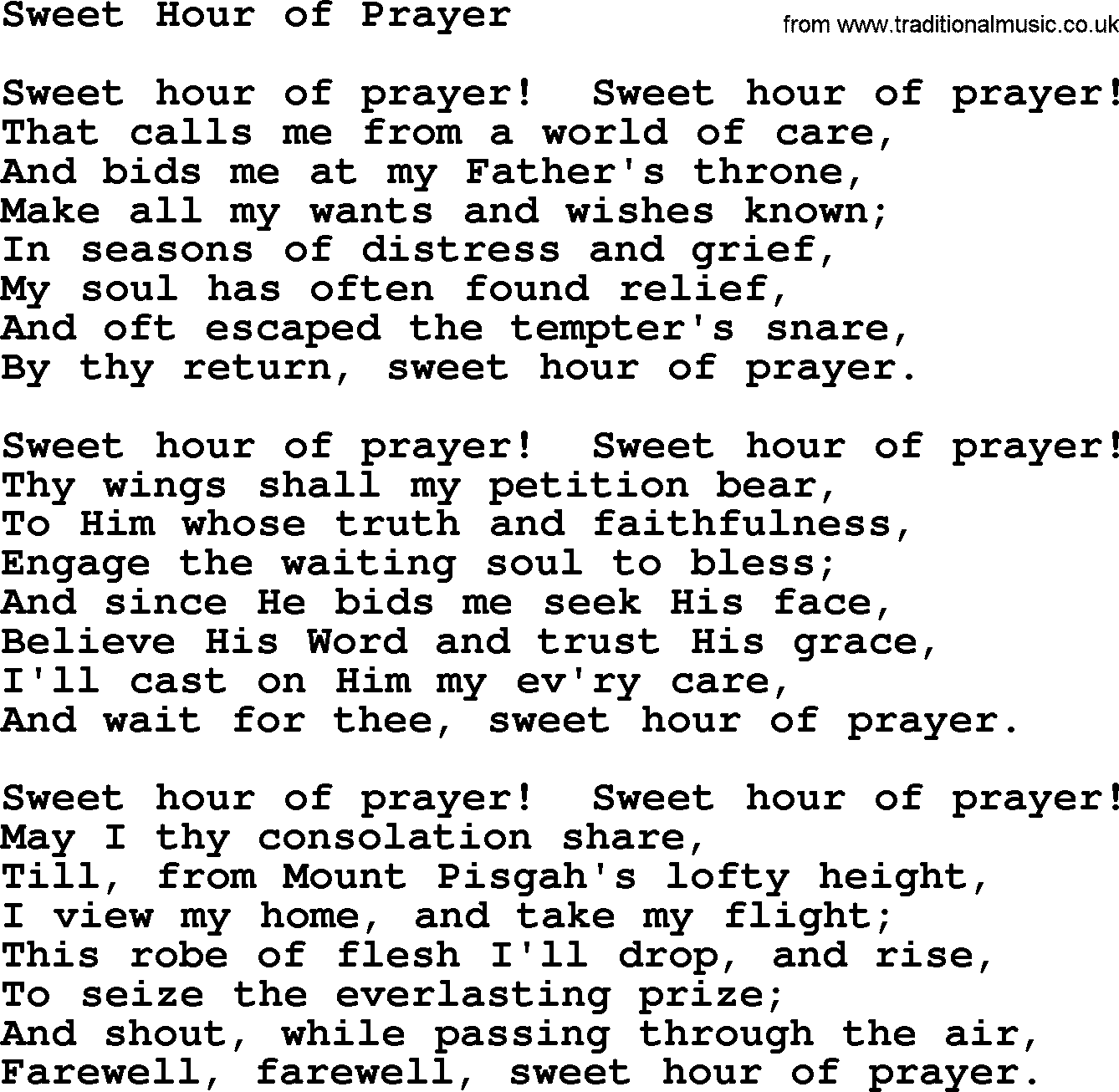 Baptist Hymnal Hymn: Sweet Hour Of Prayer, lyrics with pdf