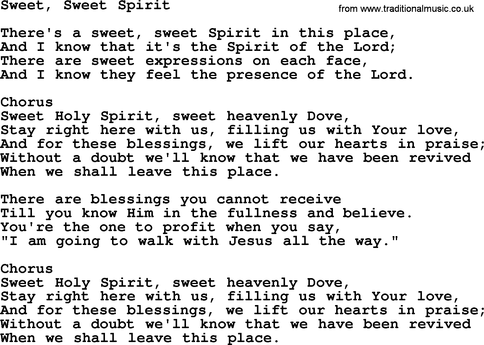 Baptist Hymnal Hymn: Sweet, Sweet Spirit, lyrics with pdf