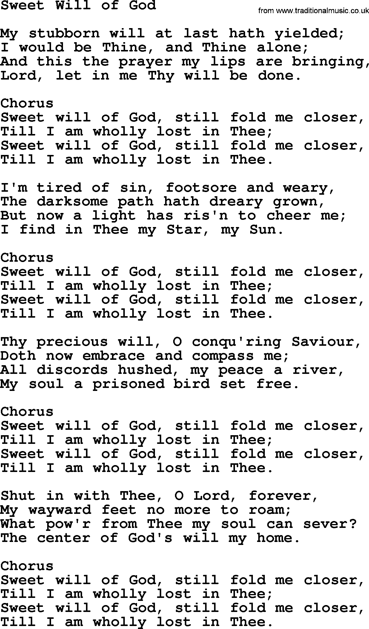 Baptist Hymnal Hymn: Sweet Will Of God, lyrics with pdf