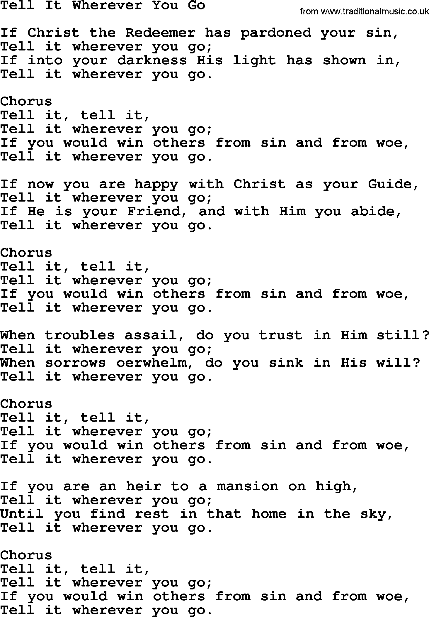 Baptist Hymnal Hymn: Tell It Wherever You Go, lyrics with pdf