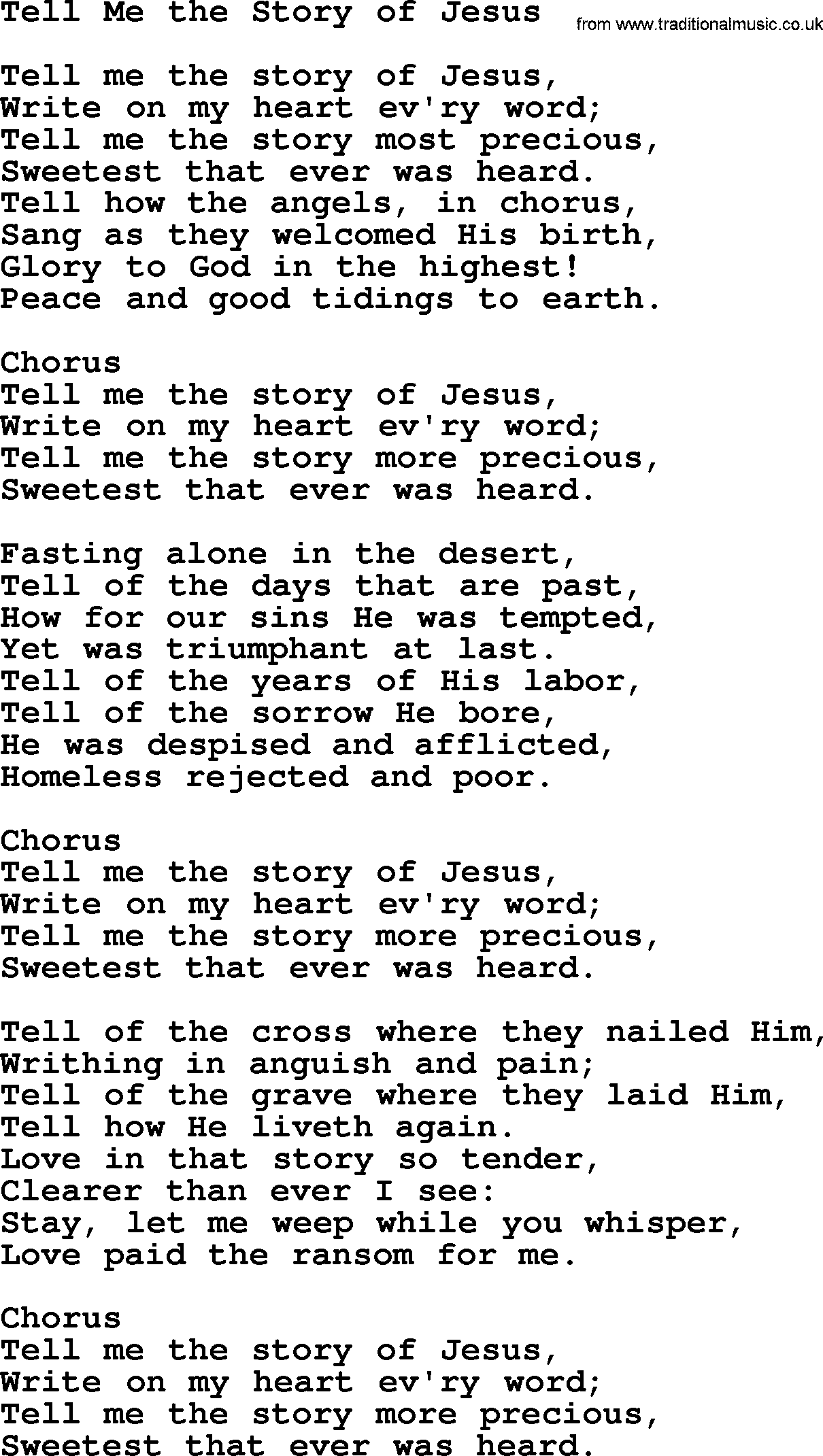 Baptist Hymnal Hymn: Tell Me The Story Of Jesus, lyrics with pdf