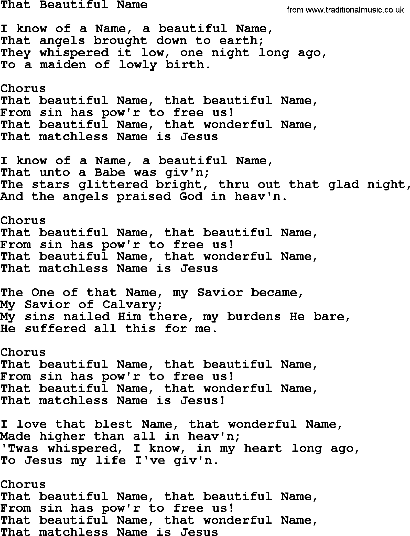 Baptist Hymnal Hymn: That Beautiful Name, lyrics with pdf