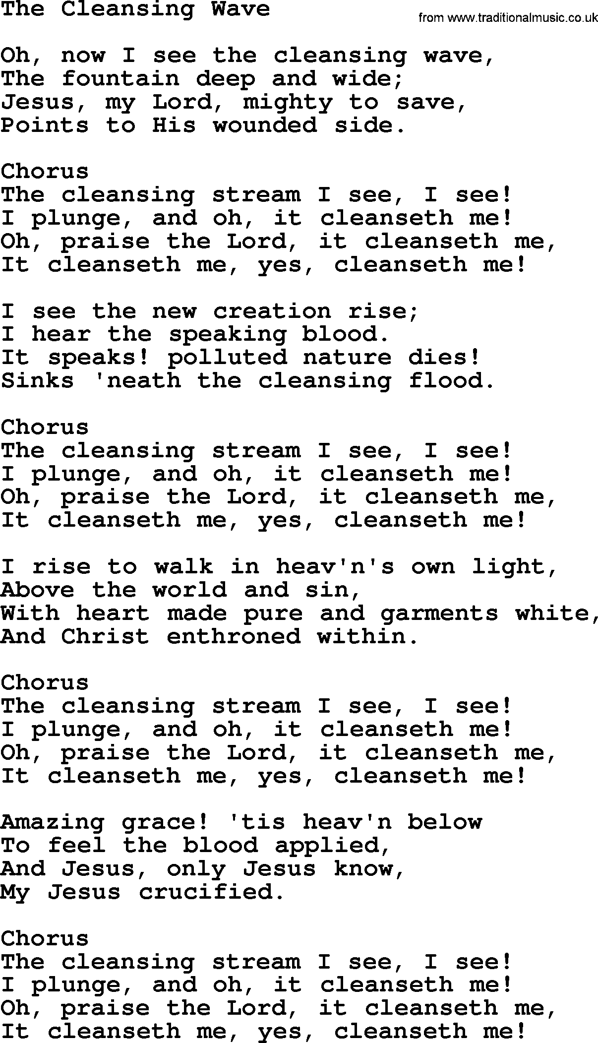 Baptist Hymnal Hymn: The Cleansing Wave, lyrics with pdf
