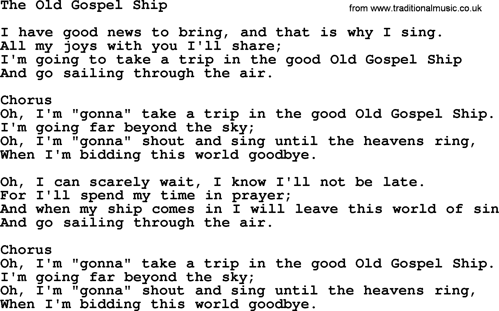 Baptist Hymnal Hymn: The Old Gospel Ship, lyrics with pdf
