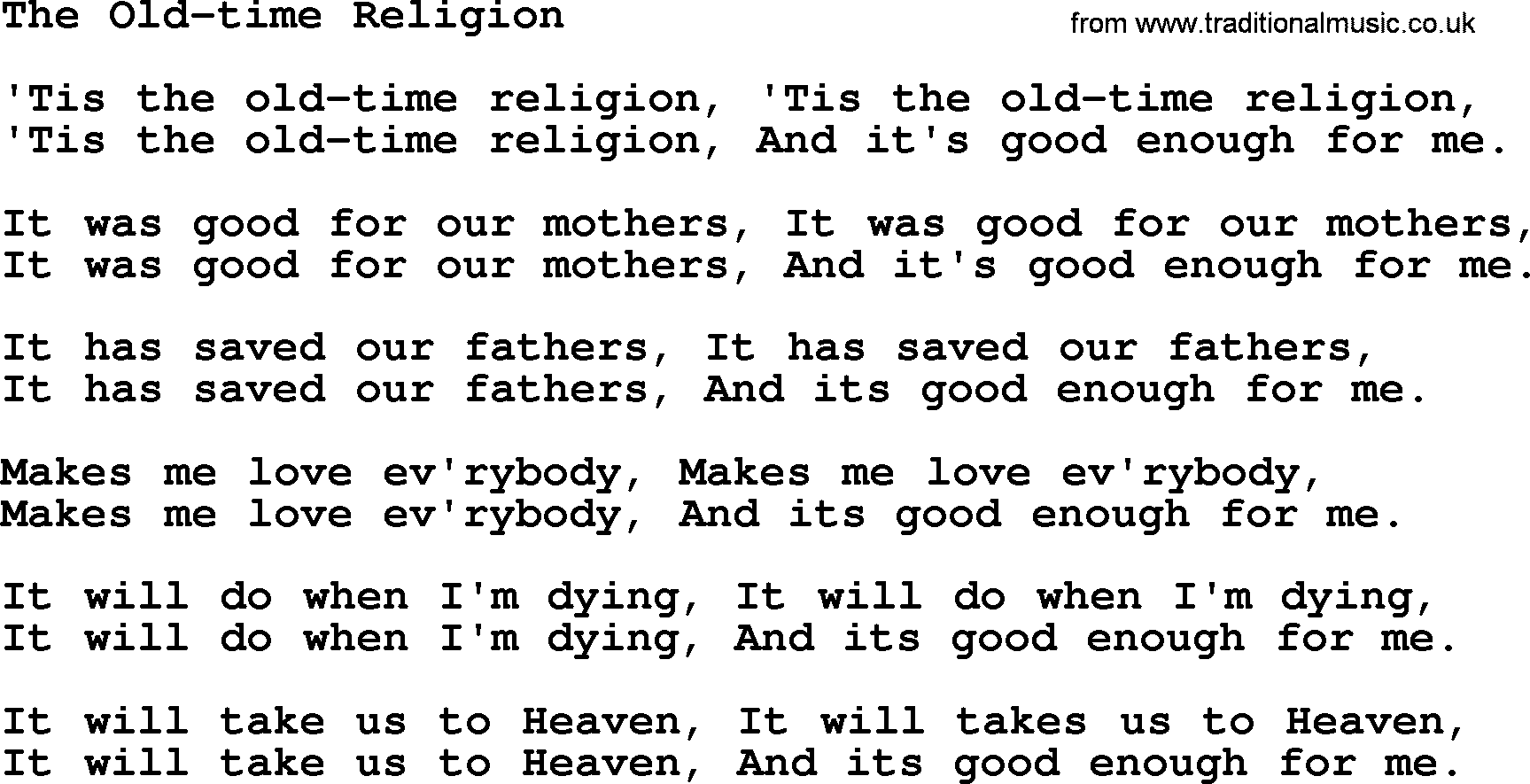 Baptist Hymnal Hymn: The Old-time Religion, lyrics with pdf