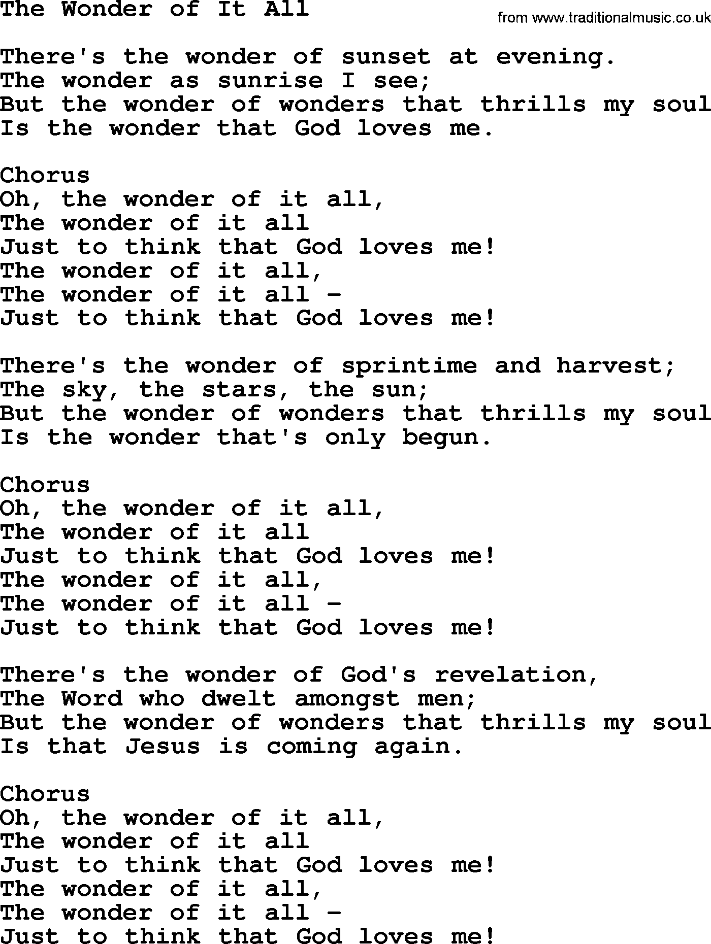 Baptist Hymnal Hymn: The Wonder Of It All, lyrics with pdf