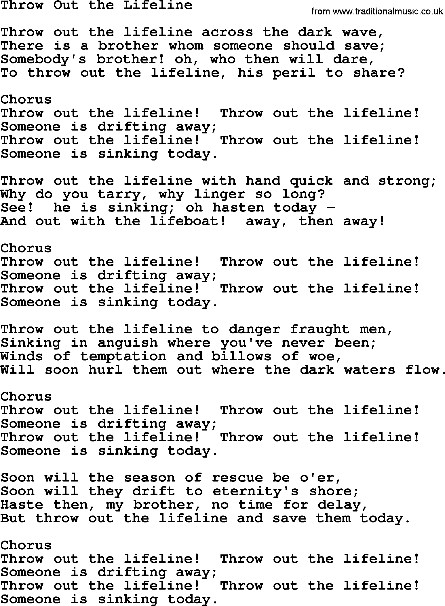 Baptist Hymnal Hymn: Throw Out The Lifeline, lyrics with pdf