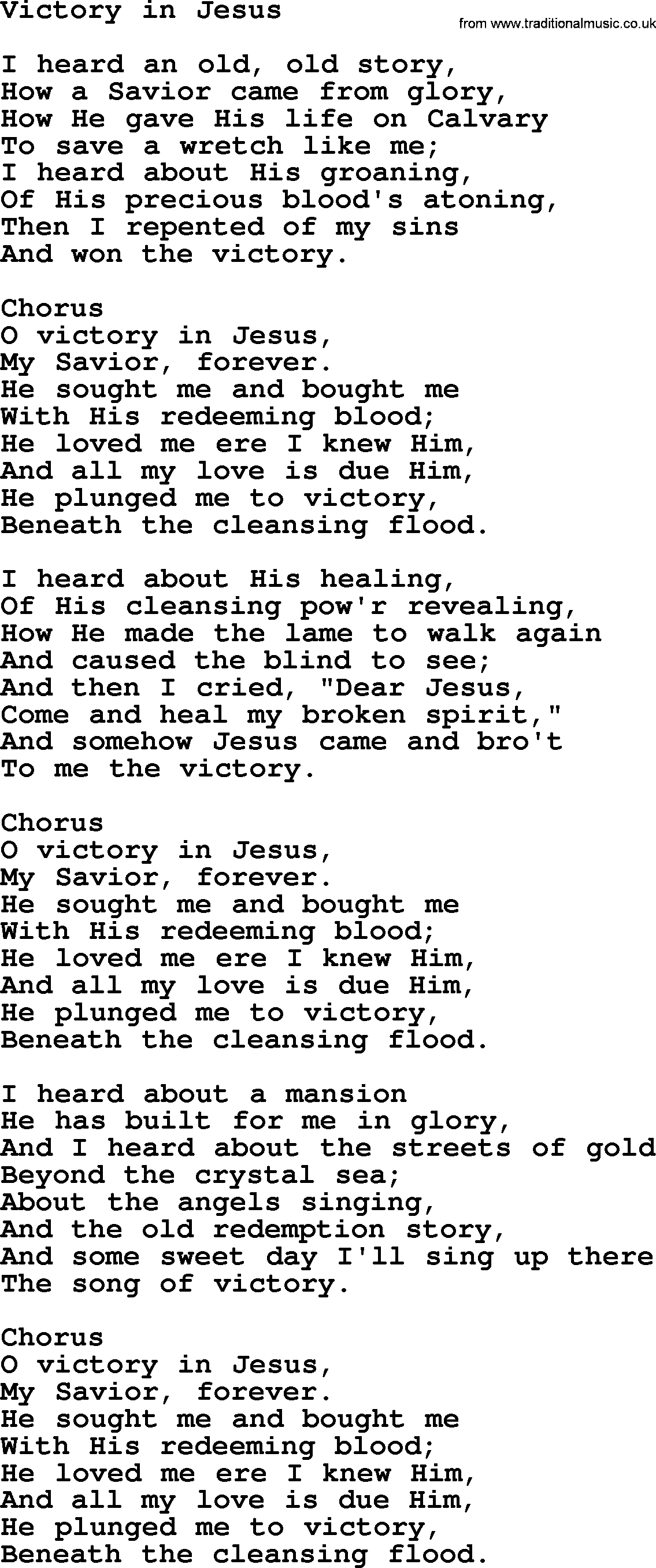 Baptist Hymnal, Christian Song Victory In Jesus lyrics with PDF for