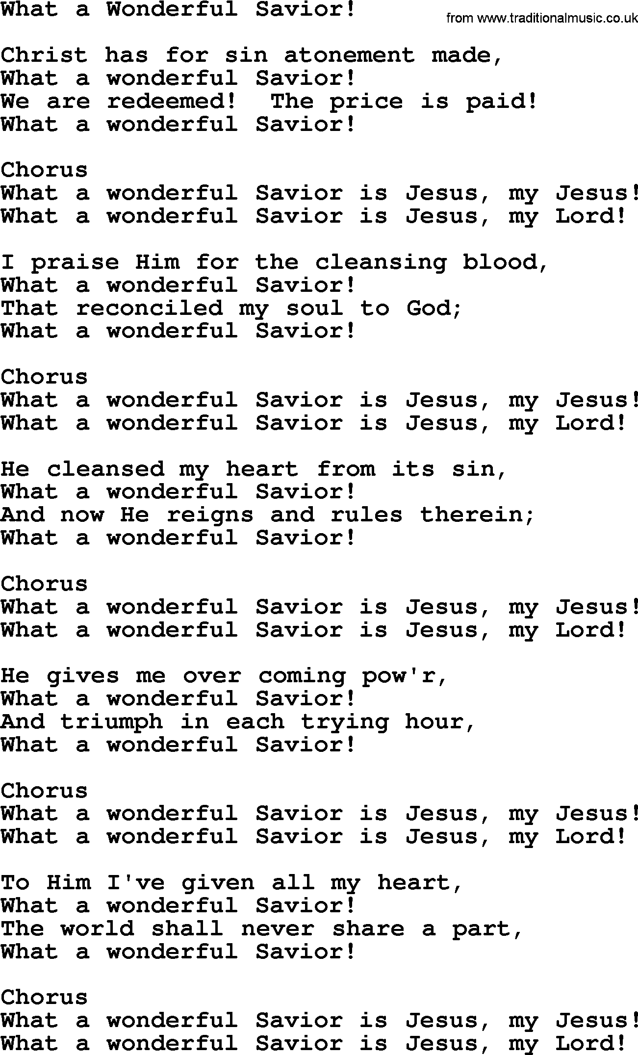 Baptist Hymnal Hymn: What A Wonderful Savior!, lyrics with pdf