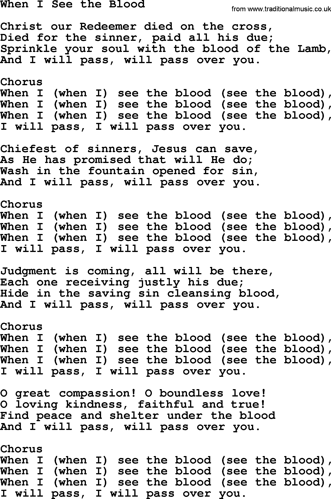 Baptist Hymnal Hymn: When I See The Blood, lyrics with pdf