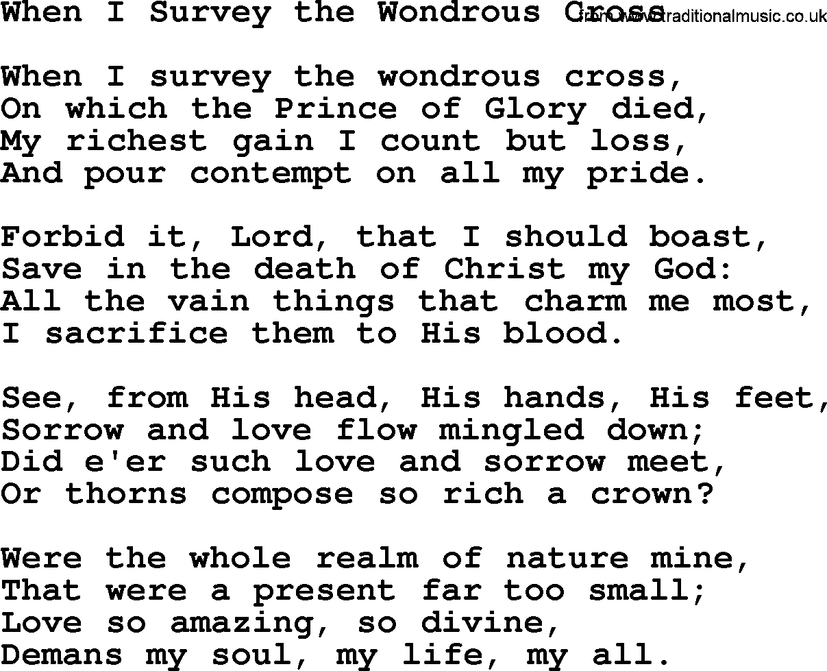 Baptist Hymnal Hymn: When I Survey The Wondrous Cross, lyrics with pdf