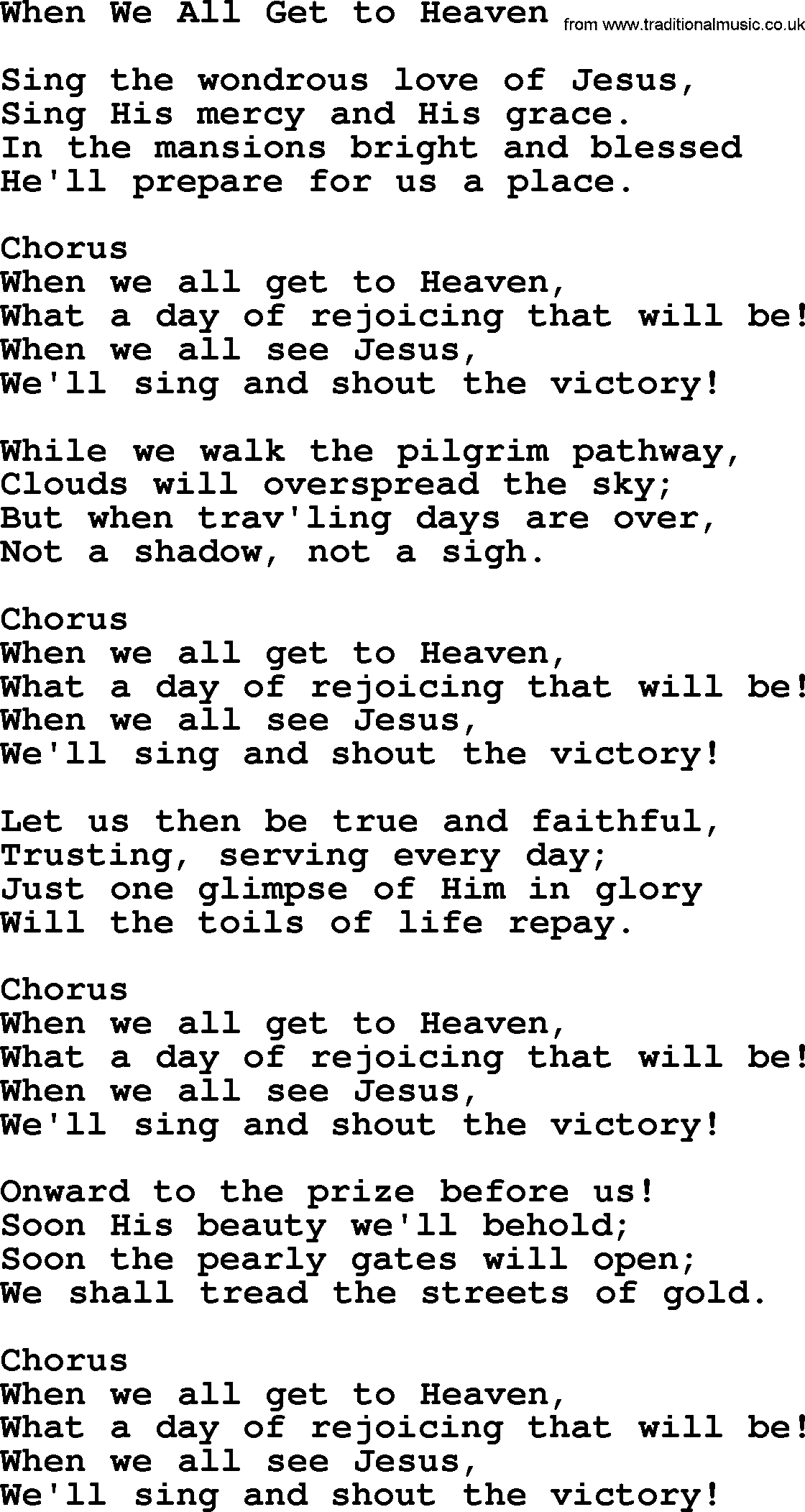 Baptist Hymnal Hymn: When We All Get To Heaven, lyrics with pdf