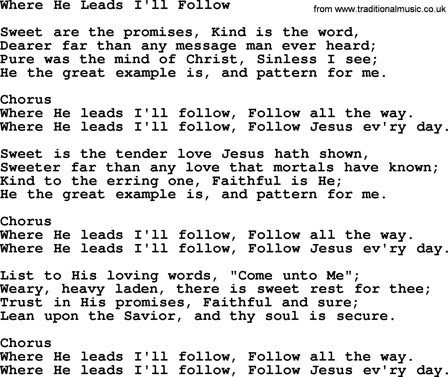 Baptist Hymnal Hymn: Where He Leads I'll Follow, lyrics with pdf