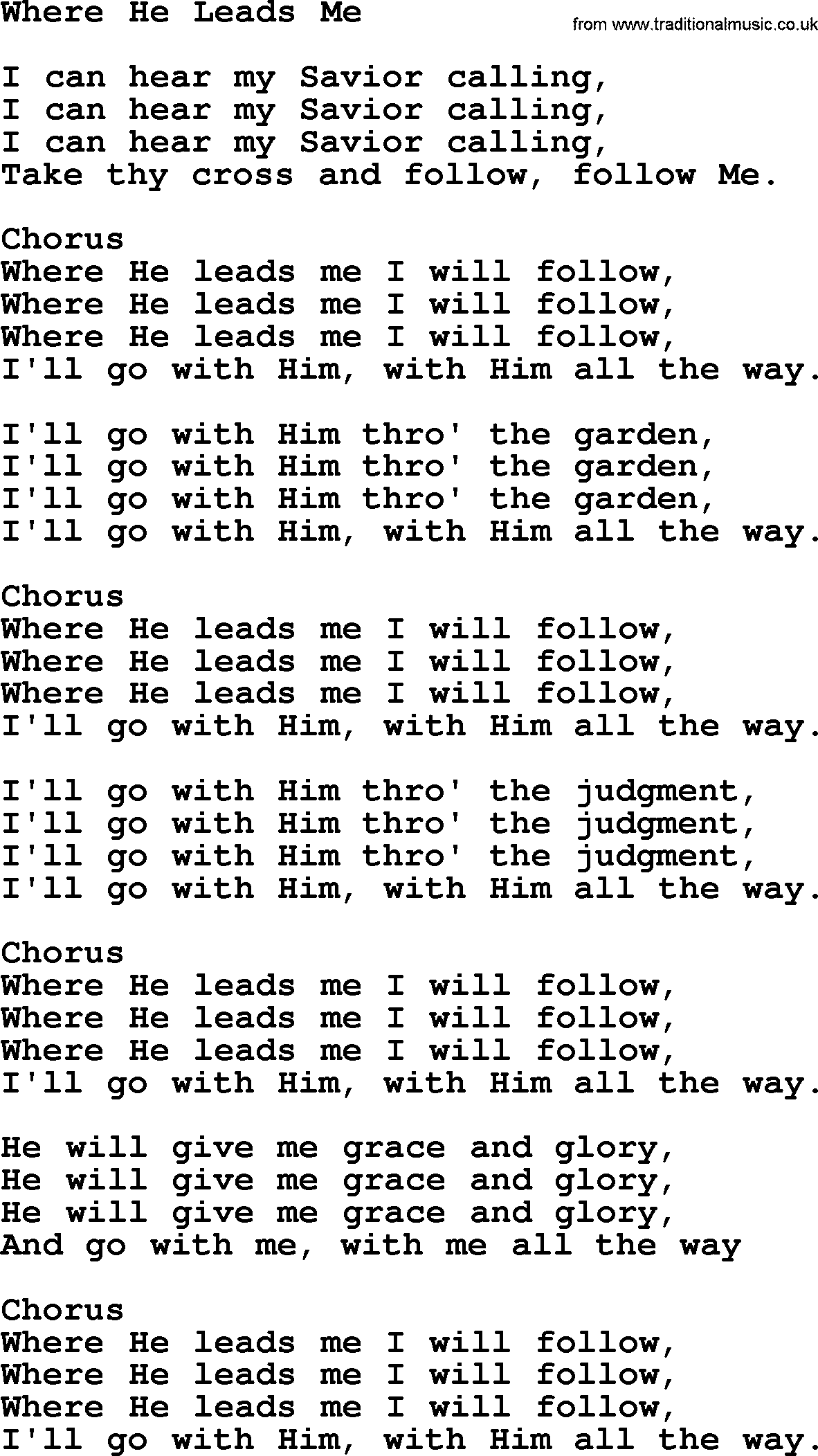 Baptist Hymnal Hymn: Where He Leads Me, lyrics with pdf