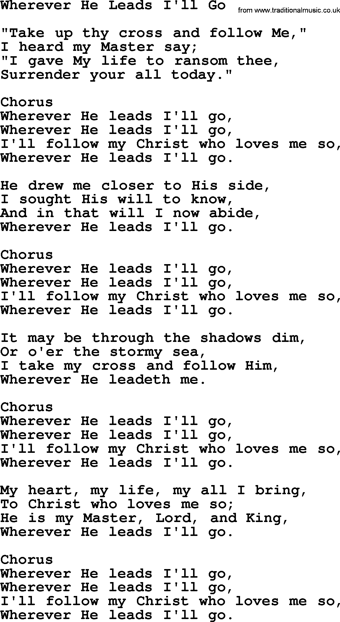 Baptist Hymnal Hymn: Wherever He Leads I'll Go, lyrics with pdf