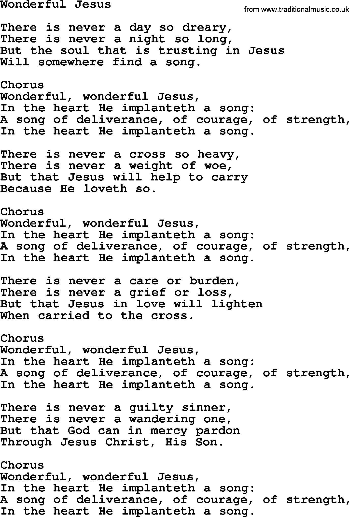 Baptist Hymnal Hymn: Wonderful Jesus, lyrics with pdf