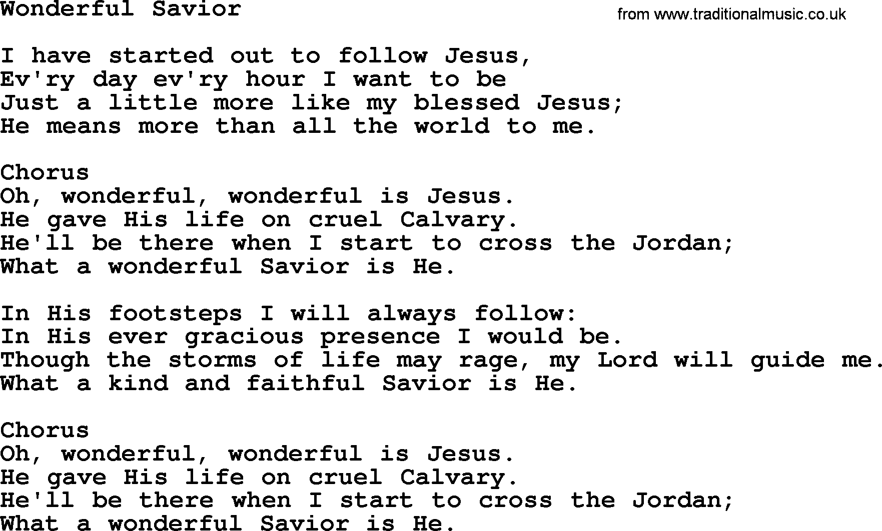 Baptist Hymnal Hymn: Wonderful Savior, lyrics with pdf