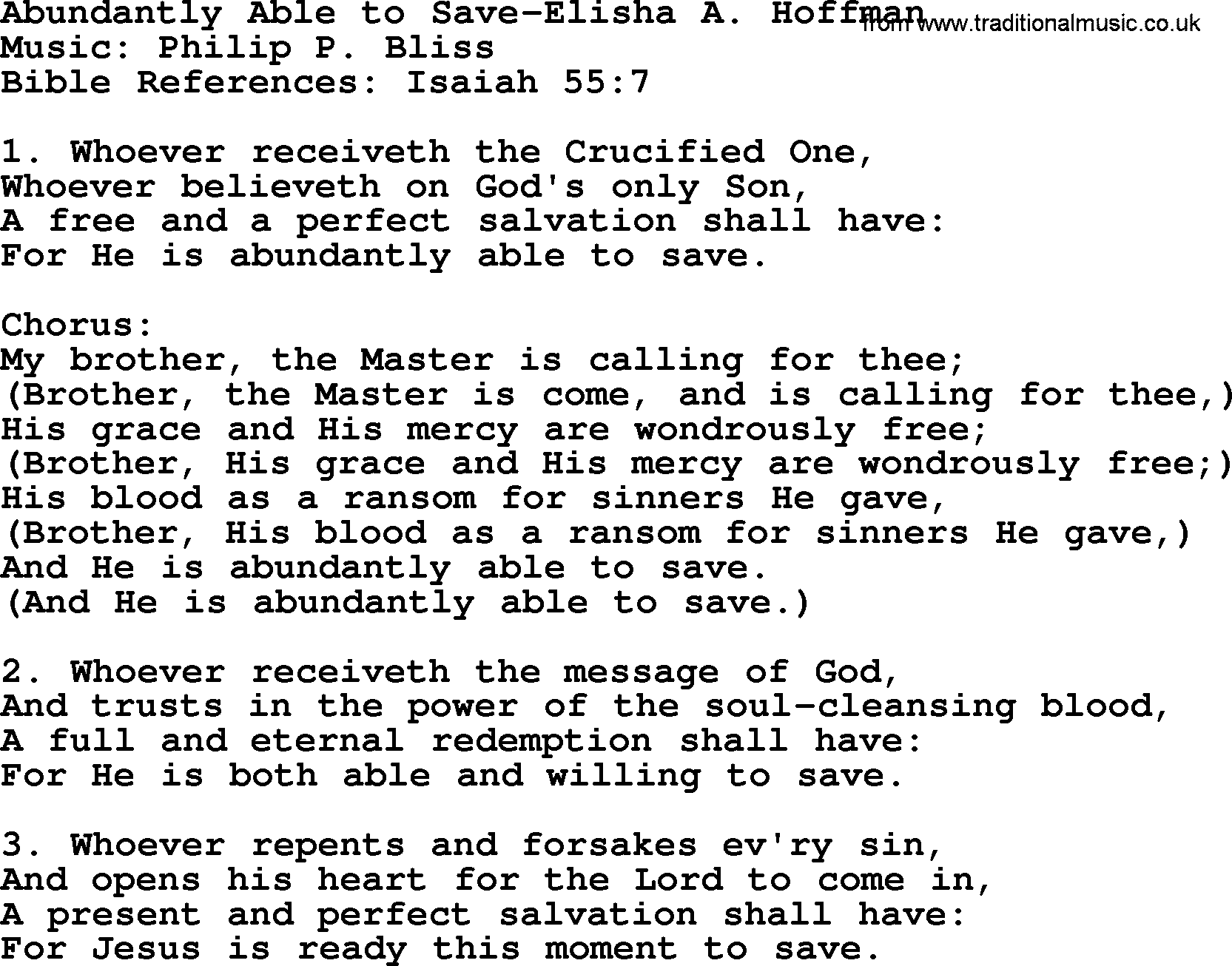 Philip Bliss Song: Abundantly Able To Saven, lyrics