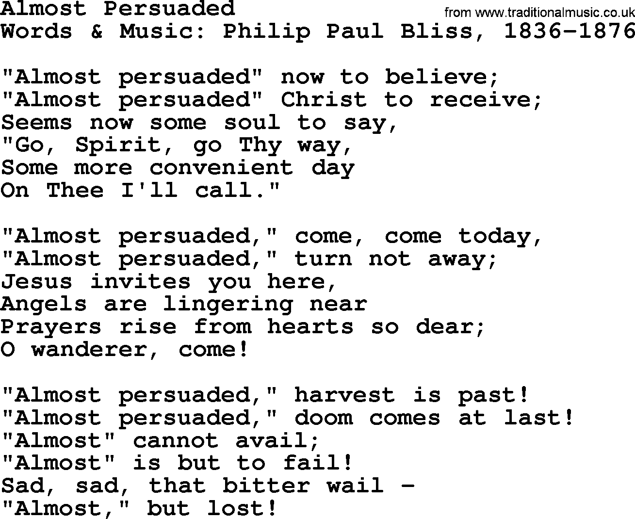 Philip Bliss Song: Almost Persuaded, lyrics