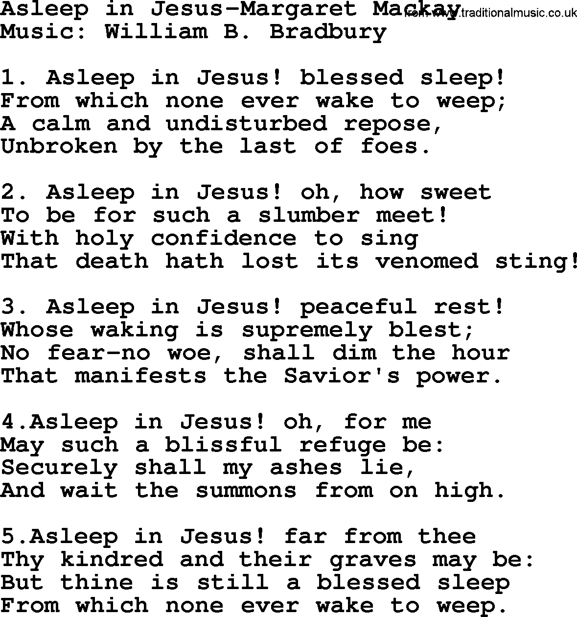 Philip Bliss Song: Asleep In Jesus, lyrics