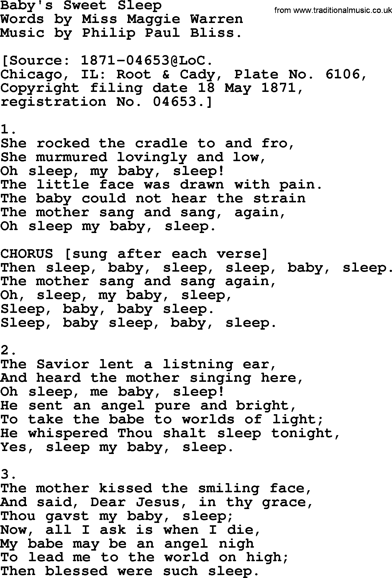 Philip Bliss Song: Baby's Sweet Sleep, lyrics