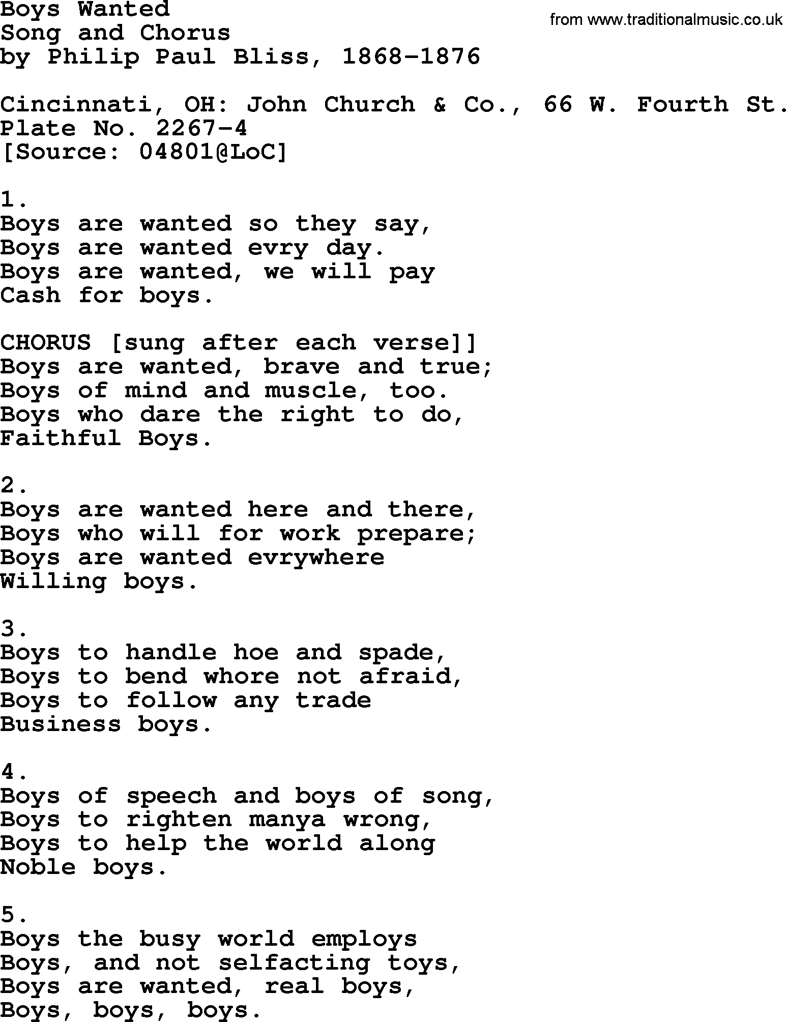 Philip Bliss Song: Boys Wanted, lyrics