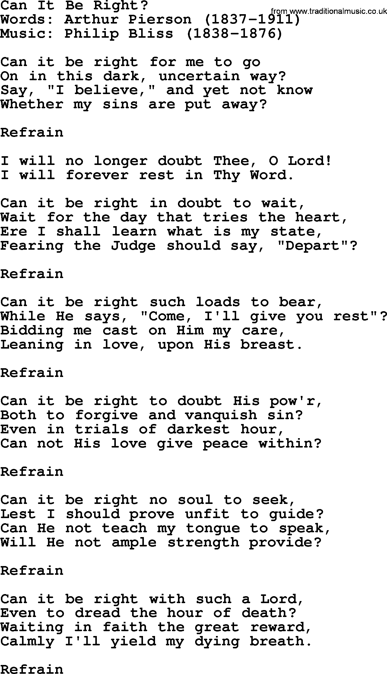 Philip Bliss Song: Can It Be Right, lyrics