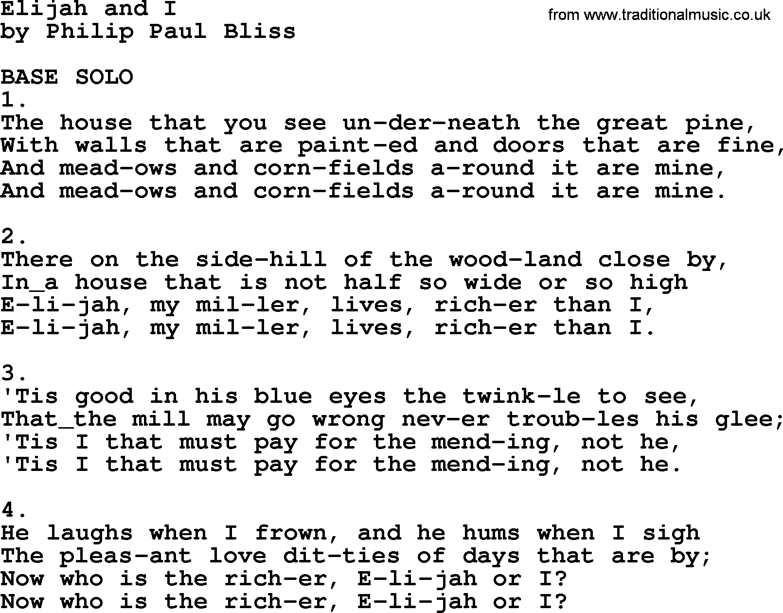 Philip Bliss Song: Elijah And I, lyrics